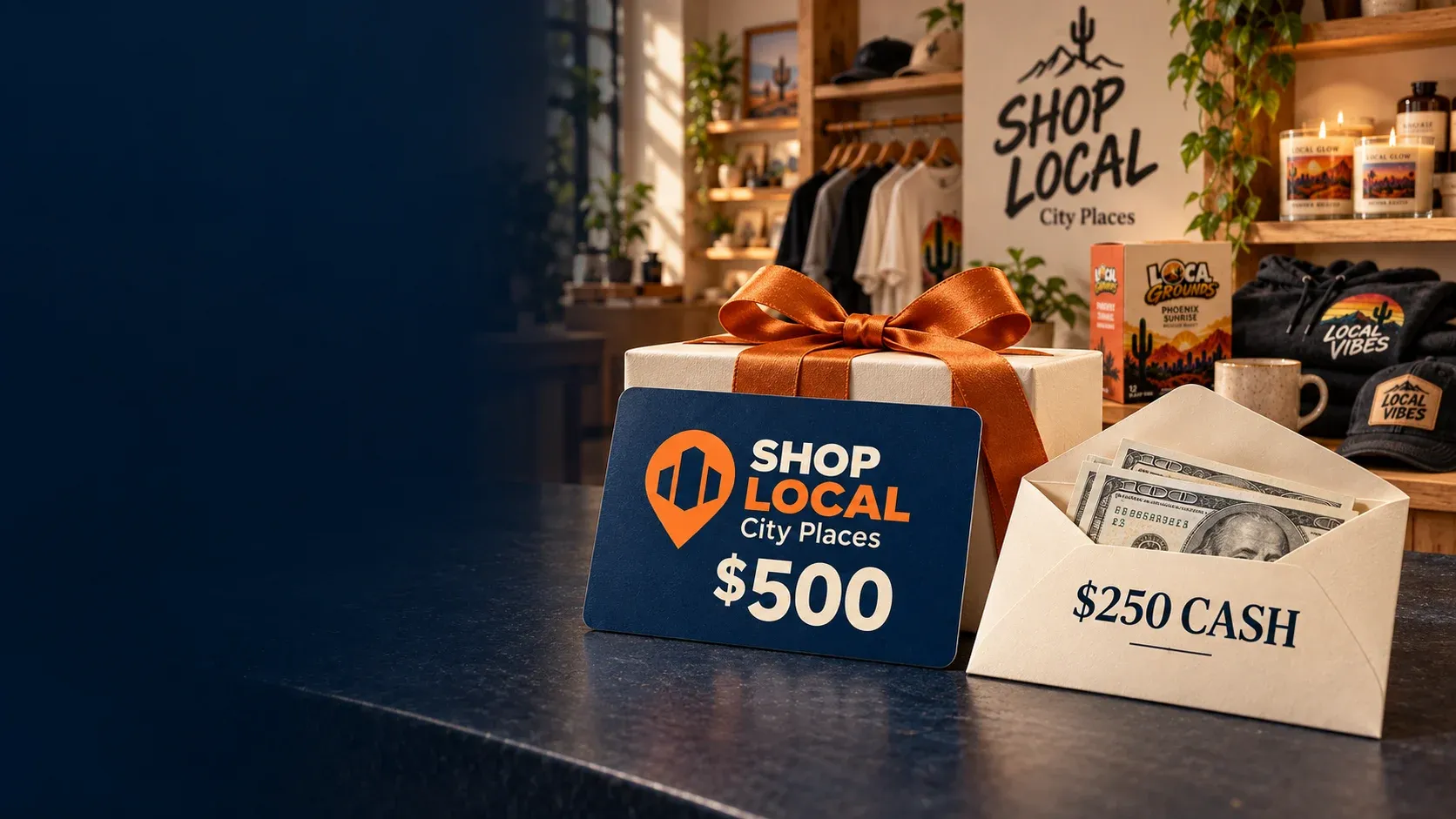 $500 SHOP LOCAL Arizona Places gift card and $250 cash envelope in front of a SHOP LOCAL store and product display.