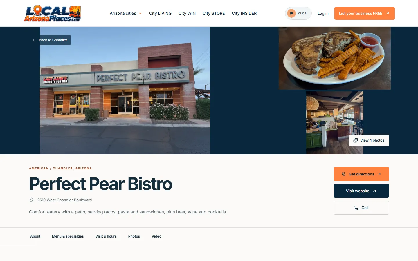 Actual desktop Merchant Page for Perfect Pear Bistro, showing its photo gallery, business information and contact buttons.