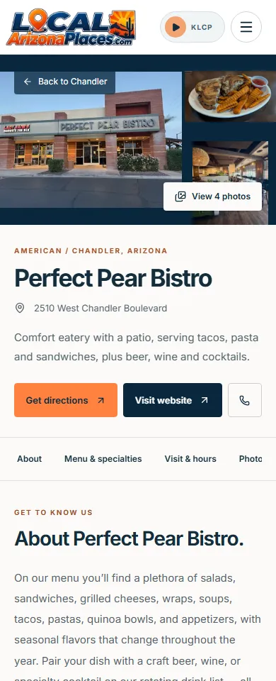 The same Perfect Pear Bistro Merchant Page on a mobile phone.